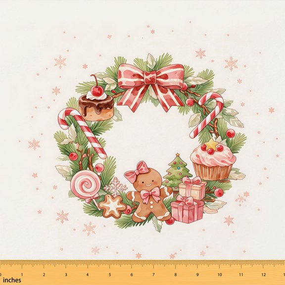 Erosebridal Christmas Wreath Fabric by the Yard 1 Yard, Festive Dessert Home Decor Fabric by the Yard