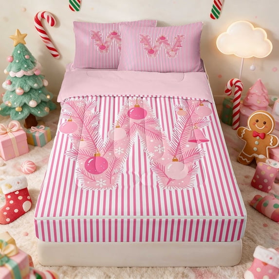 Manfei Christmas Zipper Queen Comforter Set with Fitted Sheet and 2 Pillowcases Ornament Zipper Bedding Set, Pink D, Pink Reversible