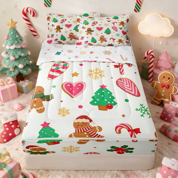 Manfei Christmas Zipper Twin Comforter Sets with Fitted Sheet and 2 Pillowcases Icon Zipper Bedding Set, Teal White, Xmas Reversible