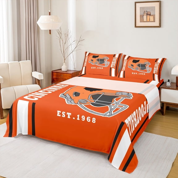 Erosebridal Cincinnati Bed Sheets Set Twin Size,Football City Silhouette Bedding Sets Twin Size,Orange Black White Bed Sheets Twin,Super Cozy Room Decor,3-Piece