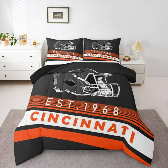 Erosebridal Cincinnati Bedding Full Comforter Set,orange Stripes Down Comforter,Rugby Helmet Bedding Sets Full with Comforter,Stylish Living Room Decoration Reversible,3 Pieces