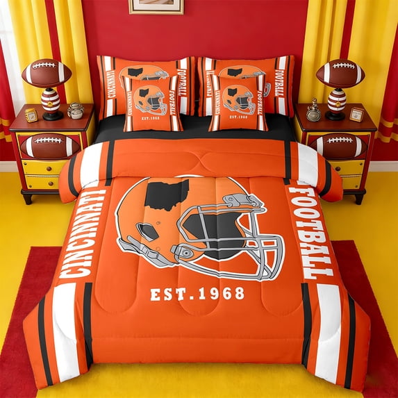 Erosebridal Cincinnati Bedding Queen Size,Football City Silhouette Comforter Sets with Sheets,Orange Black White Bedding Sets Queen Size,Super Cozy Room Decor Reversible,7pcs