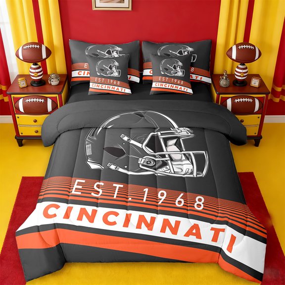 Erosebridal Cincinnati Bedding Twin Size,orange Stripes Comforter Sets with Sheets,Rugby Helmet Bedding Sets Twin Size,Stylish Living Room Decoration Reversible,7pcs