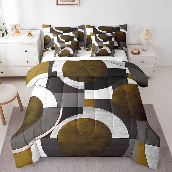 Erosebridal Circle Stripes Bedding Sets Twin Size,Abstract Artwork Comforter Sets with Sheets,Geometric Lines Bed in a Bag Twin size,Lightweight Round Bedroom Decoration,7pcs