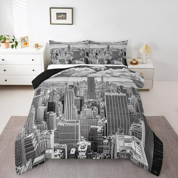 Erosebridal City Building Bedding King Comforter Set,New York Comforters & Duvets,America Cityscape Comforter Sets King Size,Ultra Soft Famous Urban Room Decorative,Reversible,3pcs
