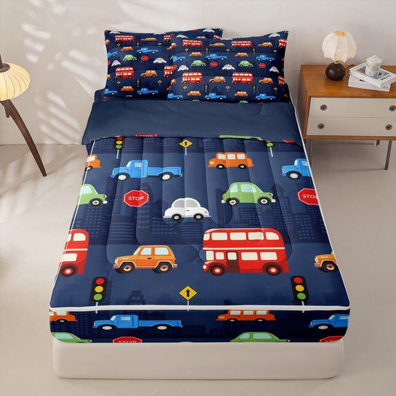 Erosebridal City Cartoon Bus Tile Zipper Twin Comforter Sets with Fitted Sheet and 2 Pillowcases,House Stop Sign Zipper Bedding Set,Navy Red White,4-Piece,Navy Blue Reversible