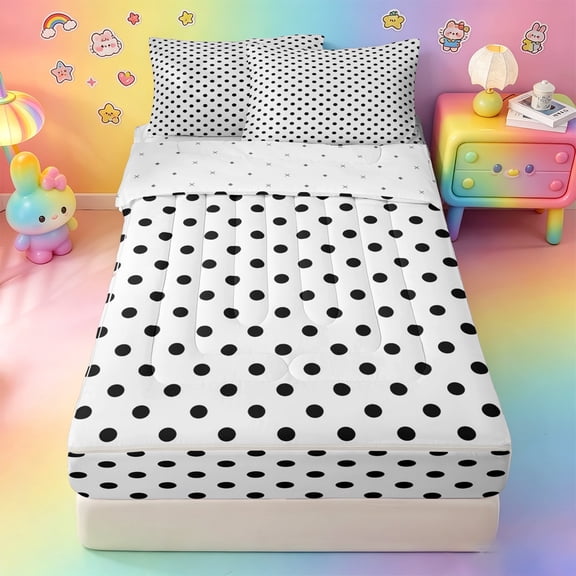 Erosebridal Classic Black White Polka Dot Zipper Twin Comforter Sets with Fitted Sheet and 2 Pillowcases,Large Circle Retro Grid Pattern Zipper Bedding Set For Girls,Reversible,4 Pieces
