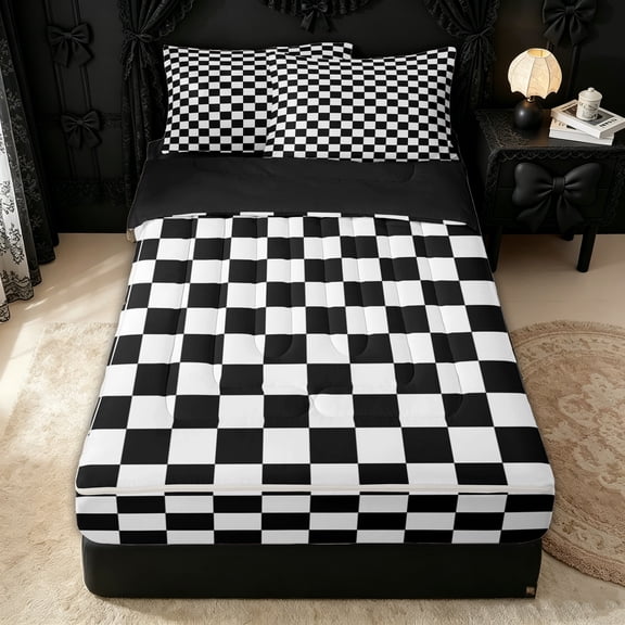 Erosebridal Classic Checkerboard Grid Zipper Queen Comforter Set with Fitted Sheet and 2 Pillowcases for Girls, Black White Retro Square Zipper Bedding Set, Black Reversible, 4-Piece