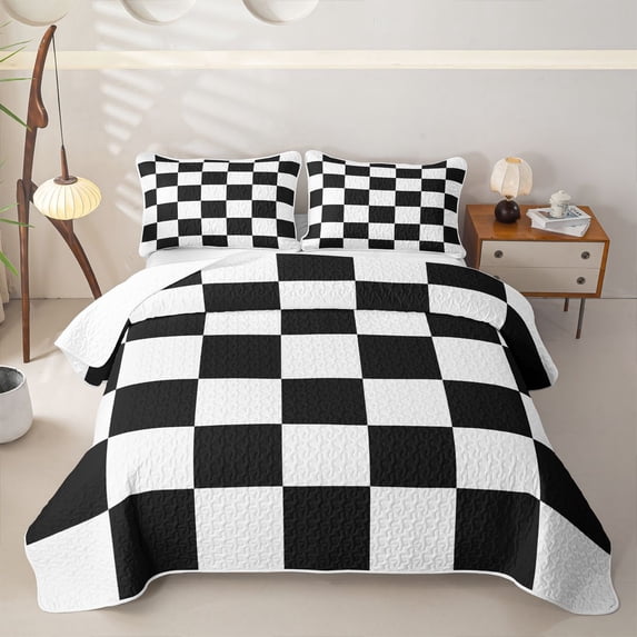 Erosebridal Classic Checkered Twin Quilt Set for Girls, Abstract Grid Print Twin Coverlet Set, Black White, 2pcs