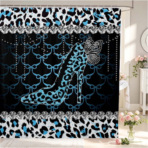 Erosebridal Classic Cheetah High Heels Shower Curtain 72Wx72L,Watercolor Bow Pearl Bathroom Curtain,White Blue