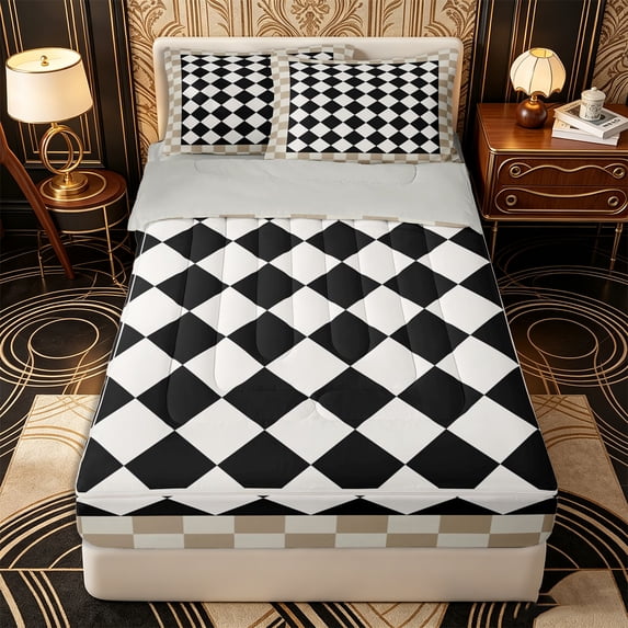 Erosebridal Classic Diamond Check Pattern Zipper Full Size Comforter Sets with Fitted Sheet and 2 Pillowcases,Border Grid Print Zipper Bedding Set,Beige Black White,Grey Reversible