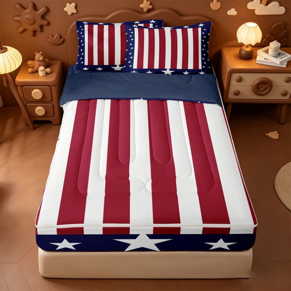 Erosebridal Classic Flag Print Zipper Twin Comforter Sets with Fitted Sheet and 2 Pillowcases,Cartoon Cute Stars Zipper Bedding Set For Boys,Navy Blue Reversible,4pcs