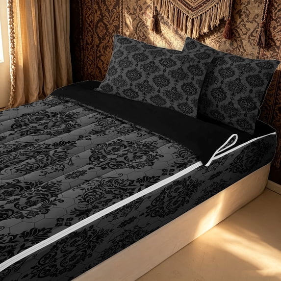 Erosebridal Classic Gothic Damask Zipper Queen Comforter Set with Fitted Sheet and 2 Pillowcases for Women Girls, Mandala Flower Floral Zipper Bedding Set, Black Reversible, 4pcs