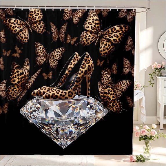 Erosebridal Classic Leopard High Heels Shower Curtain 72Wx78L,Romantic Butterfly Bath Curtain,Black Tan