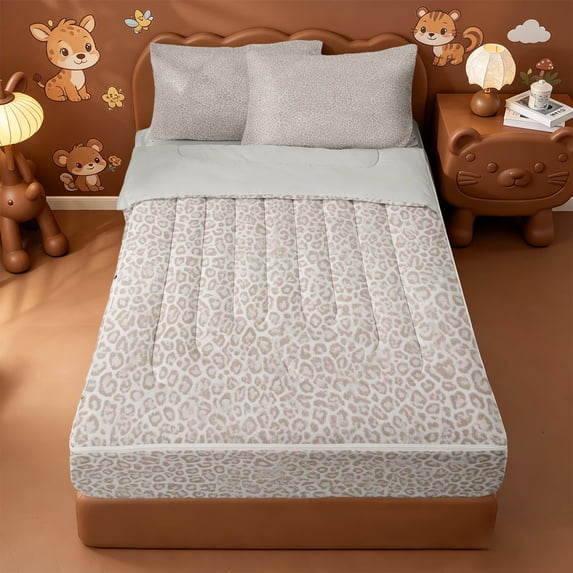 Erosebridal Classic Leopard Print Zipper Full Size Comforter Sets with Fitted Sheet and 2 Pillowcases,Animal Spot Print Zipper Bedding Set For Girls,Light Gray Reversible,4pcs