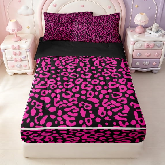 Erosebridal Classic Leopard Print Zipper Twin Comforter Sets with Fitted Sheet and 2 Pillowcases,Wild Animals Zipper Bedding Set For Girls,Black Reversible,4pcs