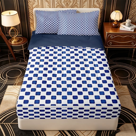 Erosebridal Classic Minimal Grid Zipper Twin Comforter Sets with Fitted Sheet and 2 Pillowcases,Rounded Square Tile Zipper Bedding Set,Royal Blue White,Navy Blue Reversible