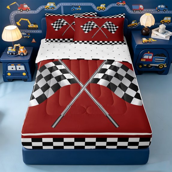 Erosebridal Classic Red Racing Flag Zipper Twin Comforter Sets with Fitted Sheet and 2 Pillowcases,Modern Geometric Checkered Zipper Bedding Set For Boys,Reversible,4-Piece