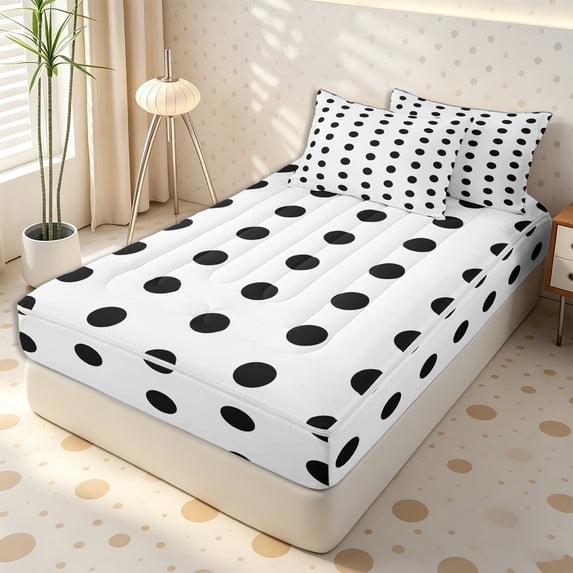 Erosebridal Classic Retro Black Dot Zipper Full Size Comforter Sets with Fitted Sheet and 2 Pillowcases,Micro Cross Dot Reverse Border Zipper Bedding Set,Pure White Jet,4pcs,Reversible