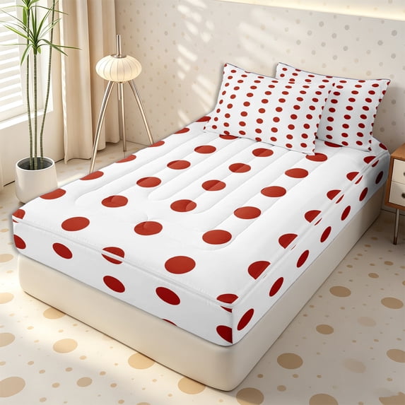 Erosebridal Classic Scarlet Dot Tile Zipper Queen Comforter Set with Fitted Sheet and 2 Pillowcases,Oversized Red Circle Grid Zipper Bedding Set,Burgundy White,4 Pieces,Reversible