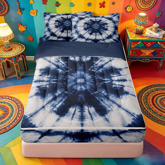 Erosebridal Classic Spiral Navy Tie Dye Zipper Queen Comforter Set with Fitted Sheet and 2 Pillowcases,Blue White Retro Hippie Zipper Bedding Set For Adults,Navy Blue Reversible,4pcs