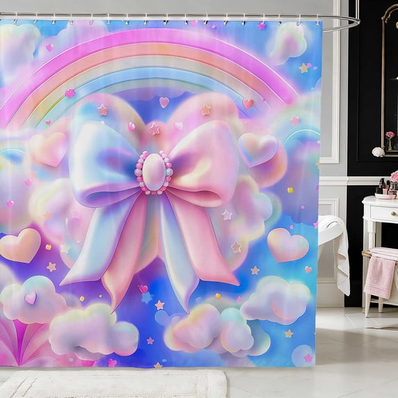 Erosebridal Cloud Rainbow Bow Butterfly Shower Curtain 72Wx78L for Girls, Dreamy Sky Star Flower Pastel Waterproof Bath Curtain