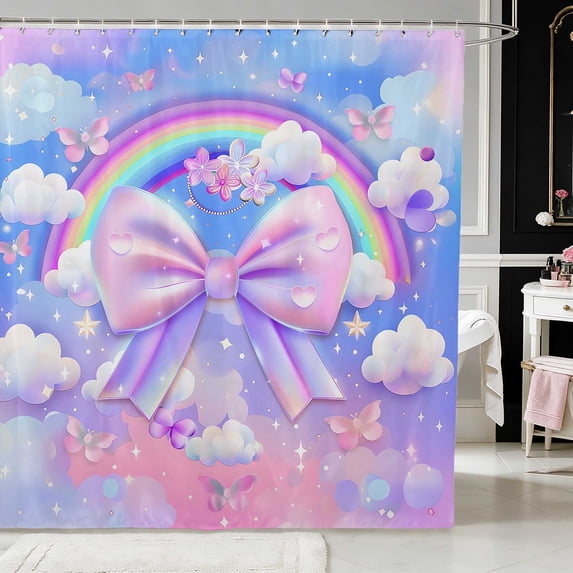 Erosebridal Cloud Rainbow Bow Butterfly Shower Curtain 72Wx78L for Girls, Dreamy Sky Star Flower Pastel Waterproof Bath Curtain