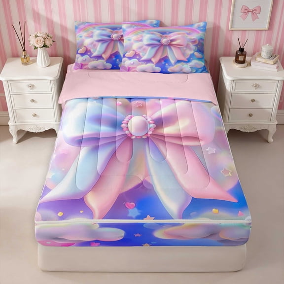 Erosebridal Cloud Rainbow Bow Butterfly Zipper Twin Comforter Sets with Fitted Sheet and 2 Pillowcases, Cloud Rainbow Bow Butterfly Zipper Bedding Set for Girls, Pink Reversible