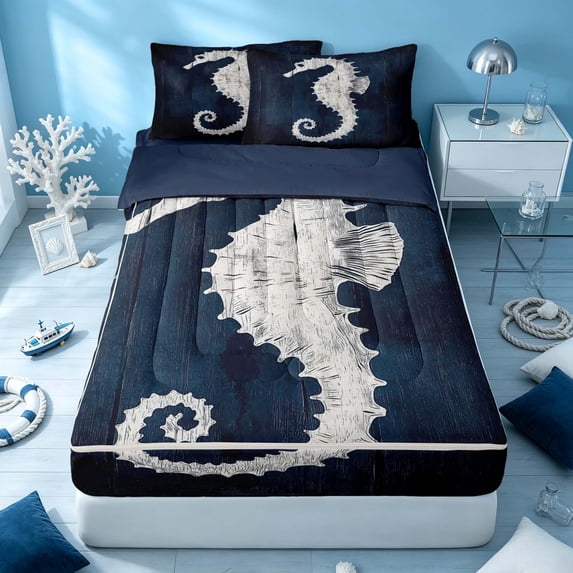 Erosebridal Coastal Animal Zipper Queen Comforter Set with Fitted Sheet and 2 Pillowcases, Ocean Seahorse Zipper Bedding Set, Navy Reversible
