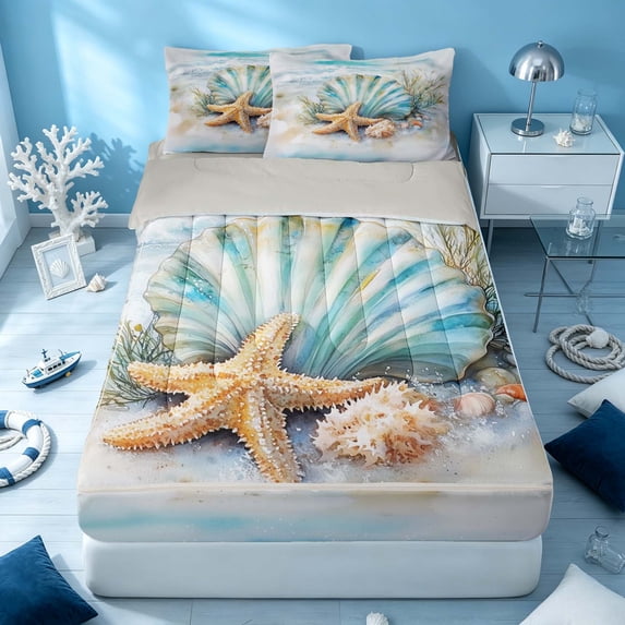 Erosebridal Coastal Animal Zipper Twin Comforter Sets with Fitted Sheet and 2 Pillowcases, Ocean Starfish Seashell Zipper Bedding Set, Gray Reversible