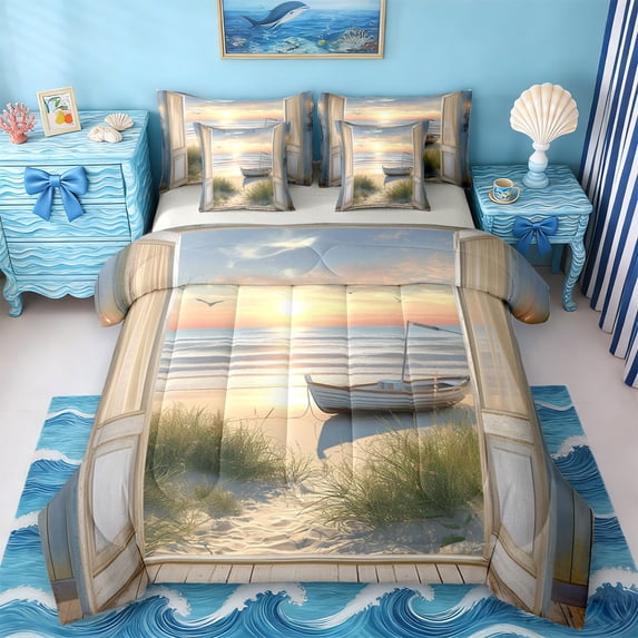 Erosebridal Coastal Beach 7pcs Bedding Comforter Set,Rustic Farmhouse Cabin Queen Bedding Sets For Men Women,Reversible Light Gray