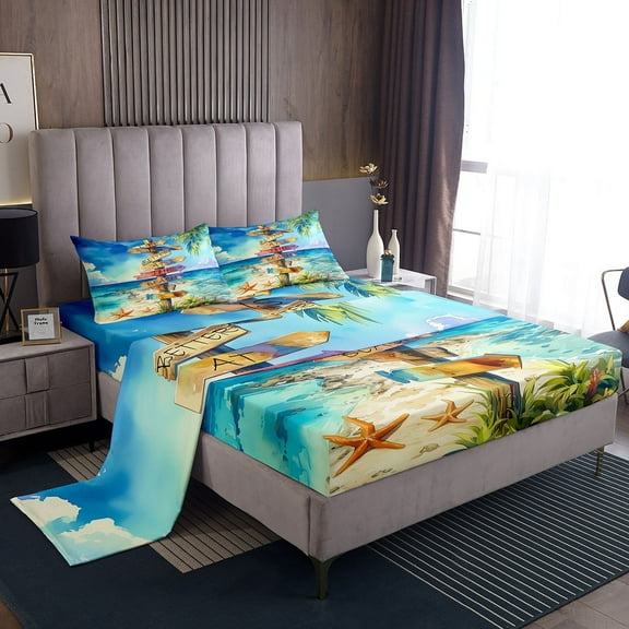 Erosebridal Coastal Beach Bed Sheets Set Twin Size, Summer Holiday Bed Sheets Twin, Ocean Starfish Reversible Sheet Set Twin, Ultra Soft Bedroom Decorative, 3pcs