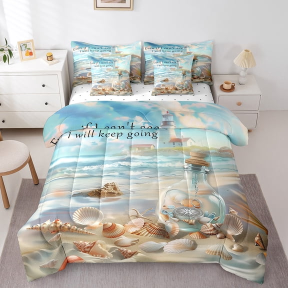 Erosebridal Coastal Beach Bedding King Size,Vintage Lighthouse Bed Set,Blue Ocean Waves Bedding Sets King Sizeļ¼ Microfiber Room Decorative Reversible,7pcs