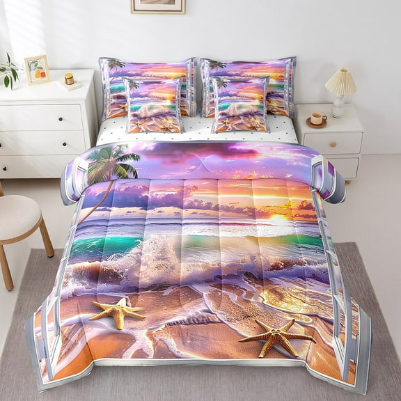Erosebridal Coastal Beach Bedding Twin Size, 3D Starfish Bedding Sets Twin Size, Ocean Sunset Reversible Comforter Sets with Sheets, Microfiber Bedroom Decoration, 7-Piece