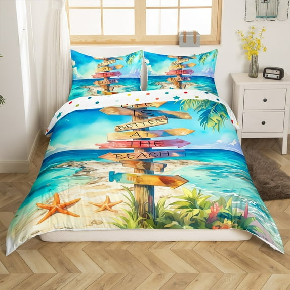 Erosebridal Coastal Beach Duvet Cover King, Summer Holiday Bedding Sets King Size, Ocean Starfish Reversible Comforter Cover King, Ultra Soft Bedroom Decorative, 3pcs(No Comforter)
