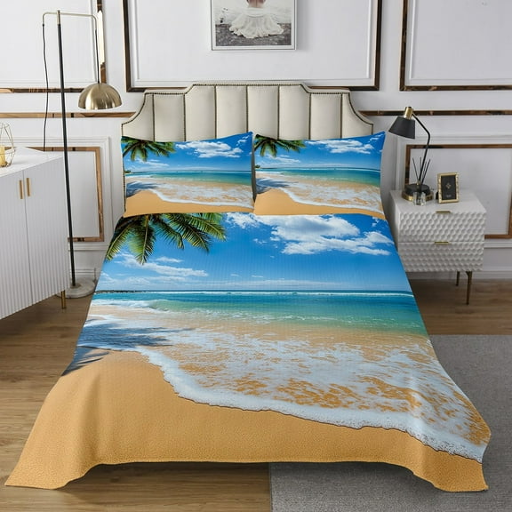 Erosebridal Coastal Beach Quilt Sets for Queen Size Bed,Tropical Plants Bed Set,Teens Bedroom Decor,Lightweight,3pcs