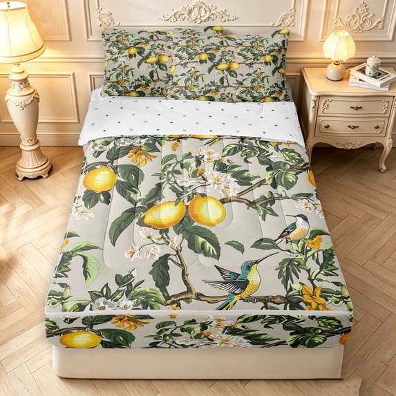 Erosebridal Coastal Bird Animals Zipper Full Size Comforter Sets with Fitted Sheet and 2 Pillowcases,Elegant Floral Branch Zipper Bedding Set,Beige Yellow,Reversible,4pcs