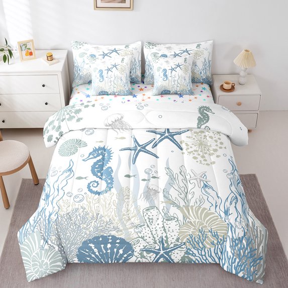 Erosebridal Coastal Coral Starfish Bedding Sets Twin Size, Marine Seahorse Conch Comforter Sets with Sheets, Breathable 7 Pieces