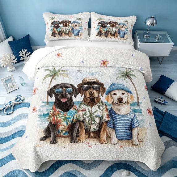 Erosebridal Coastal Dogs Bed Spread Queen, Ocean Beach Queen Coverlet Set, Polka Dots Reversible 3 Pieces, 1 Quilt and 2 Pillowcases