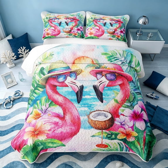 Erosebridal Coastal Flamingo Twin Quilt Set, Ocean Animal Twin Coverlet Set, Polka Dots Reversible 2pcs, 1 Bedspread and 1 Pillowcase