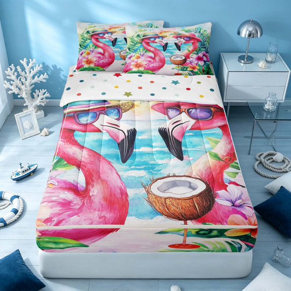 Erosebridal Coastal Flamingo Zipper Twin Comforter Sets with Fitted Sheet and 2 Pillowcases, Ocean Animal Zipper Bedding Set, Polka Dots Reversible