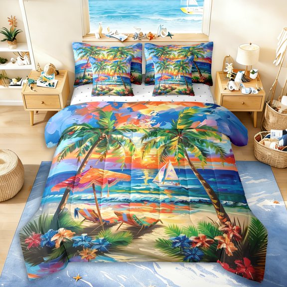 Erosebridal Coastal Flowers Palm Tree Bedding Comforter Set 7pcs For Teens,Boys Girls Ocean Beach Sunset Queen Bedding Sets,Microfiber Bedroom Decor