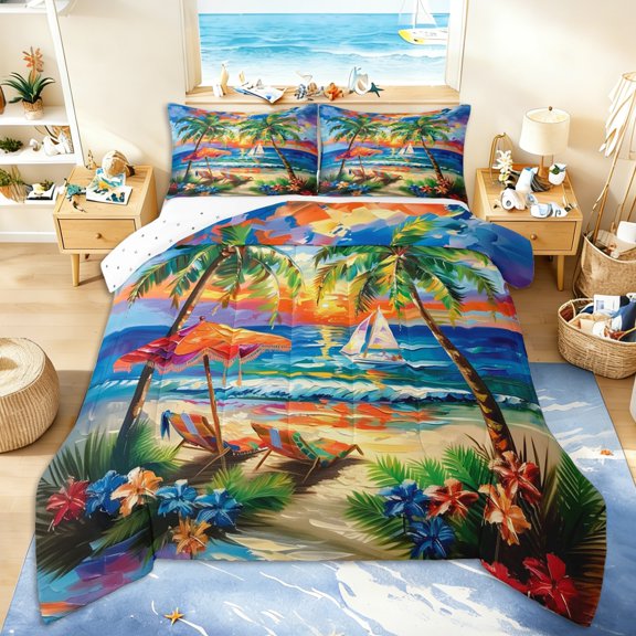 Erosebridal Coastal Flowers Palm Tree Queen Comforter Set 3pcs For Teens,Boys Girls Ocean Beach Sunset Bedding Comforter Set,Microfiber Bedroom Decor