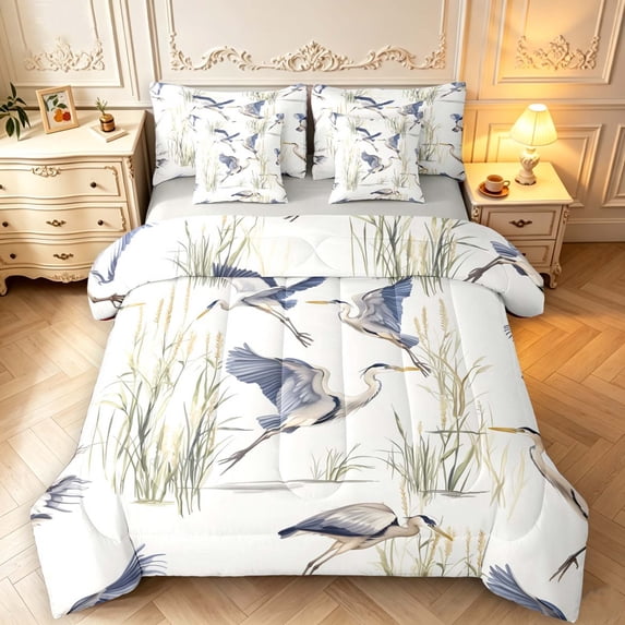 Erosebridal Coastal Heron Animals 7-Piece Twin Bedding,Rustic Wildlife Bedding Comforter Set,White Blue,Light Gray Reversible