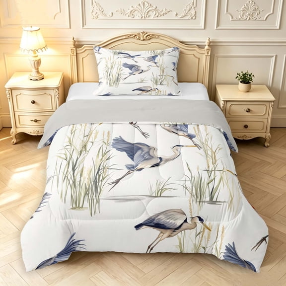 Erosebridal Coastal Heron Animals Twin Comforter Sets,Rustic Wildlife Bedding Set,White Blue,Light Gray Reversible,2 Pieces,1 Comforter and 1 Pillowcase