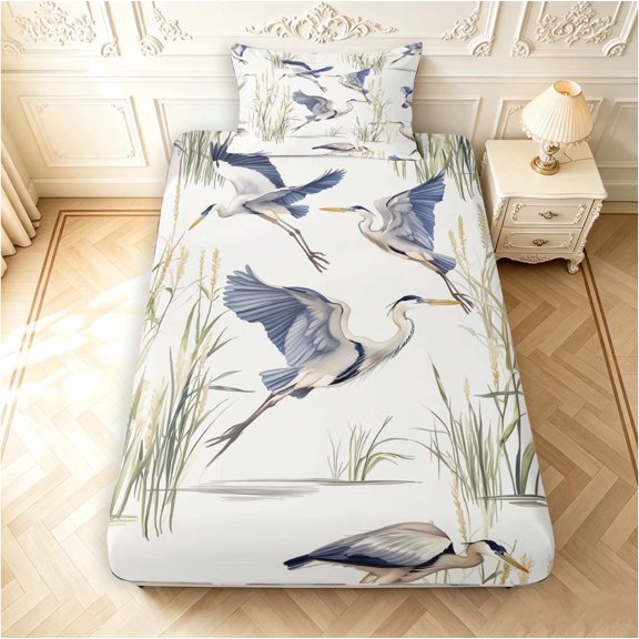Erosebridal Coastal Heron Animals Twin Fitted Sheet,Rustic Wildlife Bedding,White Blue,2 Pieces,1 Fitted Sheet and 1 Pillowcase