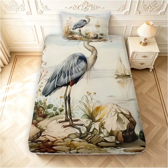 Erosebridal Coastal Heron Bird Twin Fitted Sheet,Transitional Animals Bedding,White Gray,2 Pieces,1 Fitted Sheet and 1 Pillowcase