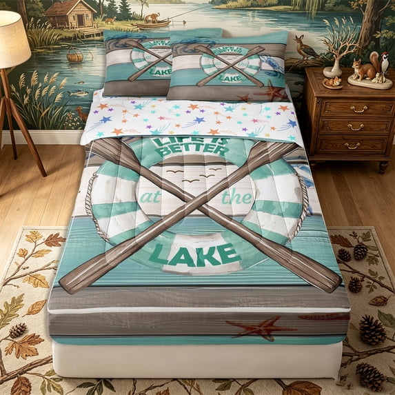 Erosebridal Coastal Lifebuoy Pattern Zipper Queen Comforter Set with Fitted Sheet and 2 Pillowcases,Marine Crab Print Zipper Bedding Set,Teal Brown White,Reversible