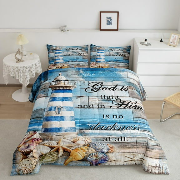 Erosebridal Coastal Lighthouse Bedding King Comforter Set, Starfish Ocean Down Comforter, Cabin Decor, Reversible 3pcs