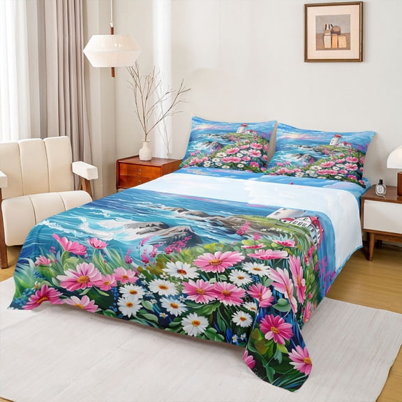 Erosebridal Coastal Lighthouse Full Size Sheets 4-Piece For Boys Girls,Teens Ocean Beach Floral Daisy Bed Sheets,Breathable Home Decor